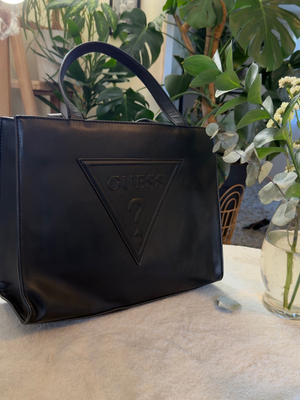 GUESS Black Embossed Logo Leather Tote